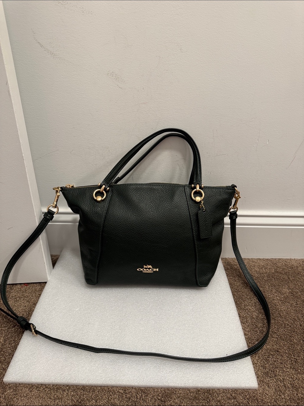 Coach Kacey olive green pebbled leather satchel crossbody bag purse